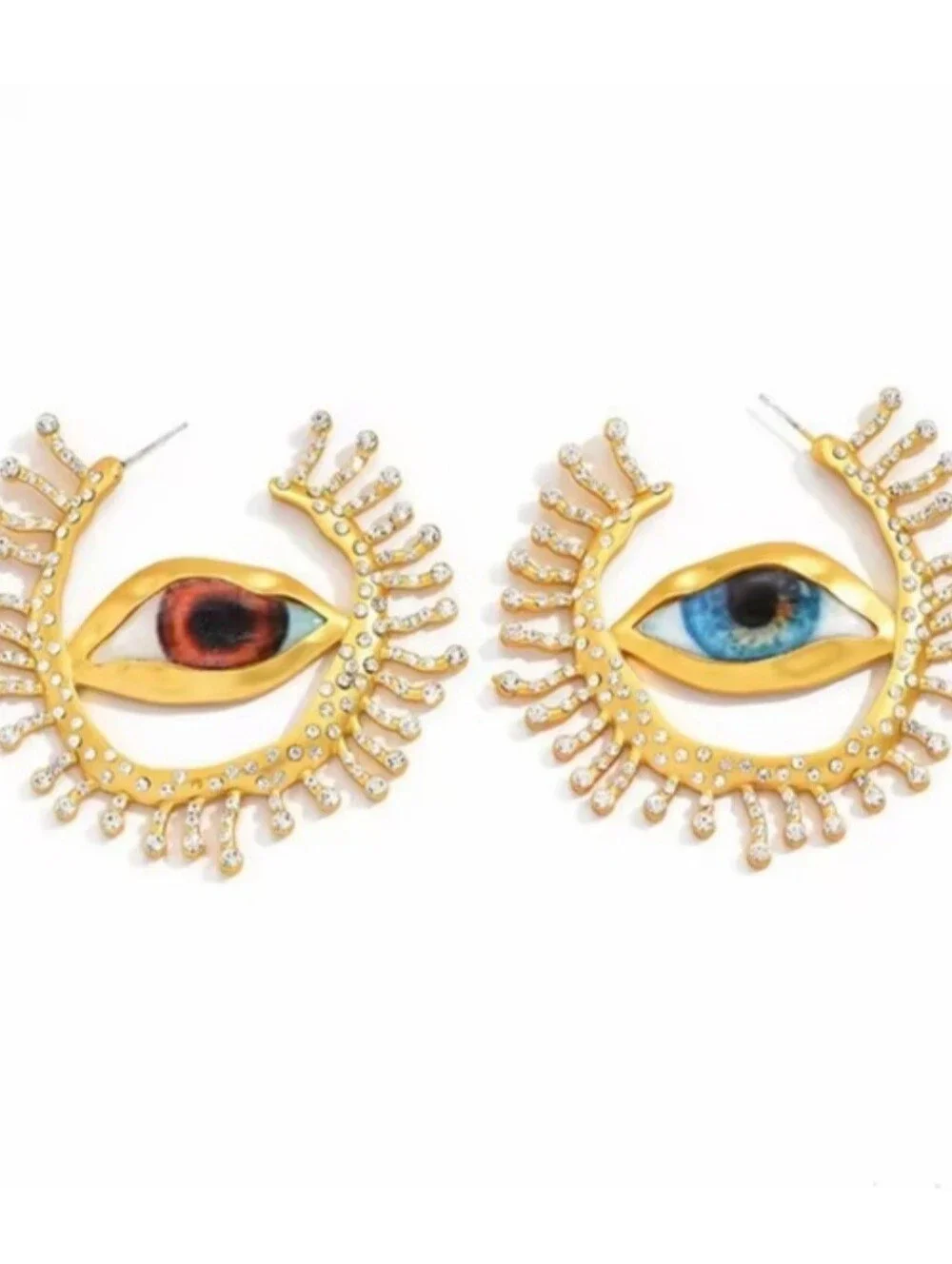 Schiaparelli Style Gaze Eye Crystal Large Chunky Earrings Matte Gold Pierced